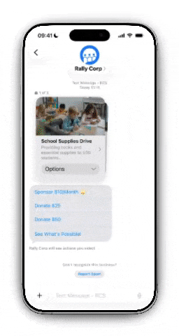 Rally Corp RCS messaging demo showing interactive donation buttons, verified sender profile, and rich media messaging on a mobile phone